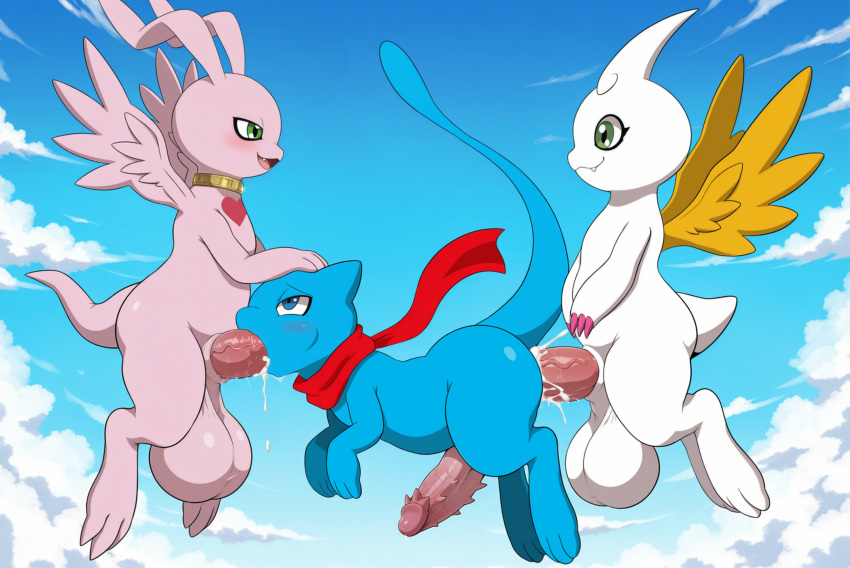 3_fingers 3_toes absurd_res ai_generated anal anal_penetration animal_genitalia anthro anthro_on_anthro anthro_penetrated anthro_penetrating anthro_penetrating_anthro ass balls bandai_namco big_balls big_penis big_tail blue_body bodily_fluids claws cloud crossover cum cum_in_ass cum_in_mouth cum_inside cum_on_body cum_on_butt cum_on_face cum_on_penis cupimon digimon digimon_(species) fangs feet fellatio finger_claws fingers flying generation_1_pokemon genital_fluids genitals green_eyes group half-closed_eyes hand_on_head heart_(marking) high_res horn huge_balls huge_penis legendary_pokemon long_ears long_tail looking_at_another looking_at_partner male male/male male_penetrated male_penetrating male_penetrating_male marineangemon mew_(pokemon) mouth_closed narrowed_eyes nintendo open_mouth open_smile oral outside_sex paws penetration penile penile_penetration penile_spines penis penis_in_ass penis_in_mouth pink_body pink_claws pokemon pokemon_(species) precum precum_on_penis red_scarf scarf sex sheath shiny_pokemon short_tail sky smile smiling_at_another smiling_at_partner tail teeth toes trio vein veiny_penis white_body wings yellow_wings yiff_ai_(director)