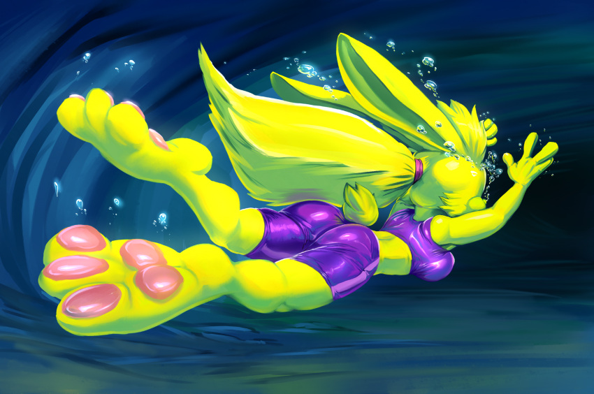 1girl back_view backside breasts bunny byondrage cave commission diving feet female jazz_jackrabbit_(series) lori_jackrabbit painting paws perspective rabbit render solo swimming underwater underwater_cave