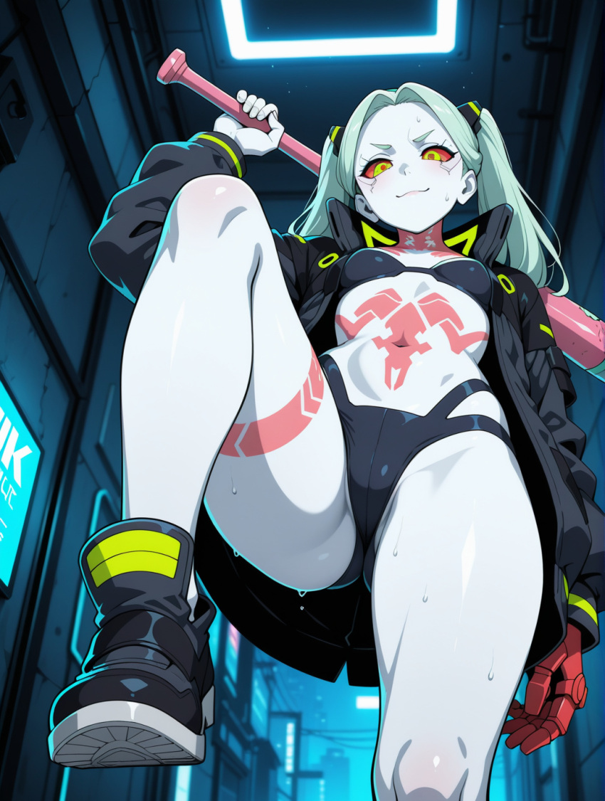 ai_generated bare_thighs baseball_bat bikini cyan_hair cyberpunk:_edgerunners green_pupils huge_thighs jacket looking_down low-angle_view ponpon rebecca_(edgerunners) red_eyes small_breasts solo_female squatting sweat sweatdrop thick_body thick_female thick_thighs thighs twin_tails voluptuous voluptuous_female white_body white_skin