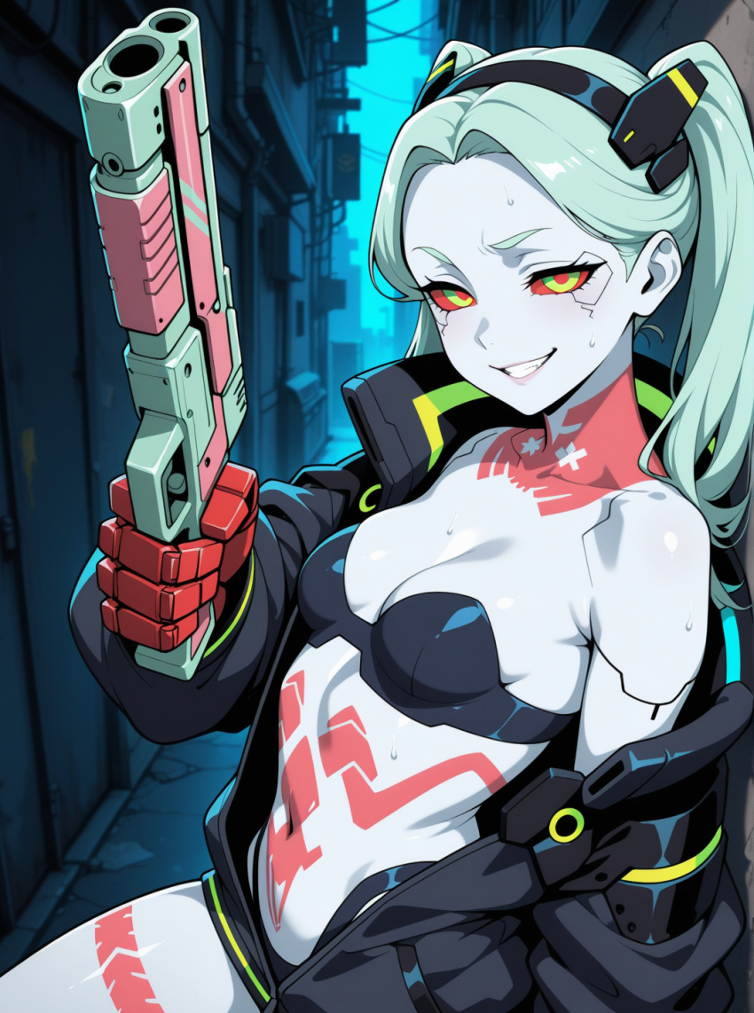 ai_generated bare_thighs bikini cyan_hair cyberpunk:_edgerunners green_pupils gun huge_thighs jacket looking_at_viewer ponpon rebecca_(edgerunners) red_eyes small_breasts solo_female squatting sweat sweatdrop thick_body thick_female thick_thighs thighs twin_tails voluptuous voluptuous_female white_body white_skin