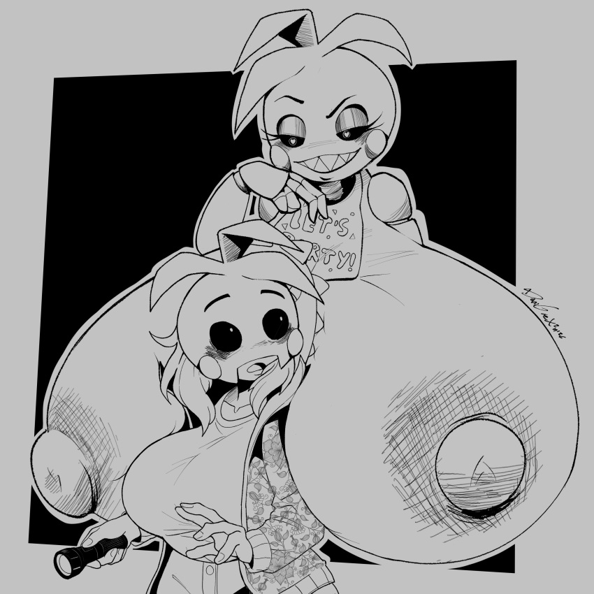 1girl 2_girls animatronic animatronic_female beakless big_breasts breasts breasts_bigger_than_head breasts_out chicken chicken_girl danigrex2n five_nights_at_freddy's five_nights_at_freddy's_2 fnaf hyper_breasts mask masked masked_female monochrome phasianid robot robot_girl scottgames surrounded_by_breasts toy_chica_(fnaf) yellow yellow_skin