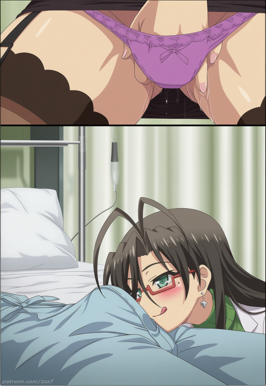 1boy 1girl ai_generated black_hair bulge bulge_through_clothing female_masturbation fingering glasses green_eyes grin hasegawa_chisato horny imminent_sex light-skinned_female light_skin long_hair mature_female milf panties pervert pussy_juice pussy_juice_drip shinmai_maou_no_testament squirting tongue_out voluptuous voluptuous_female
