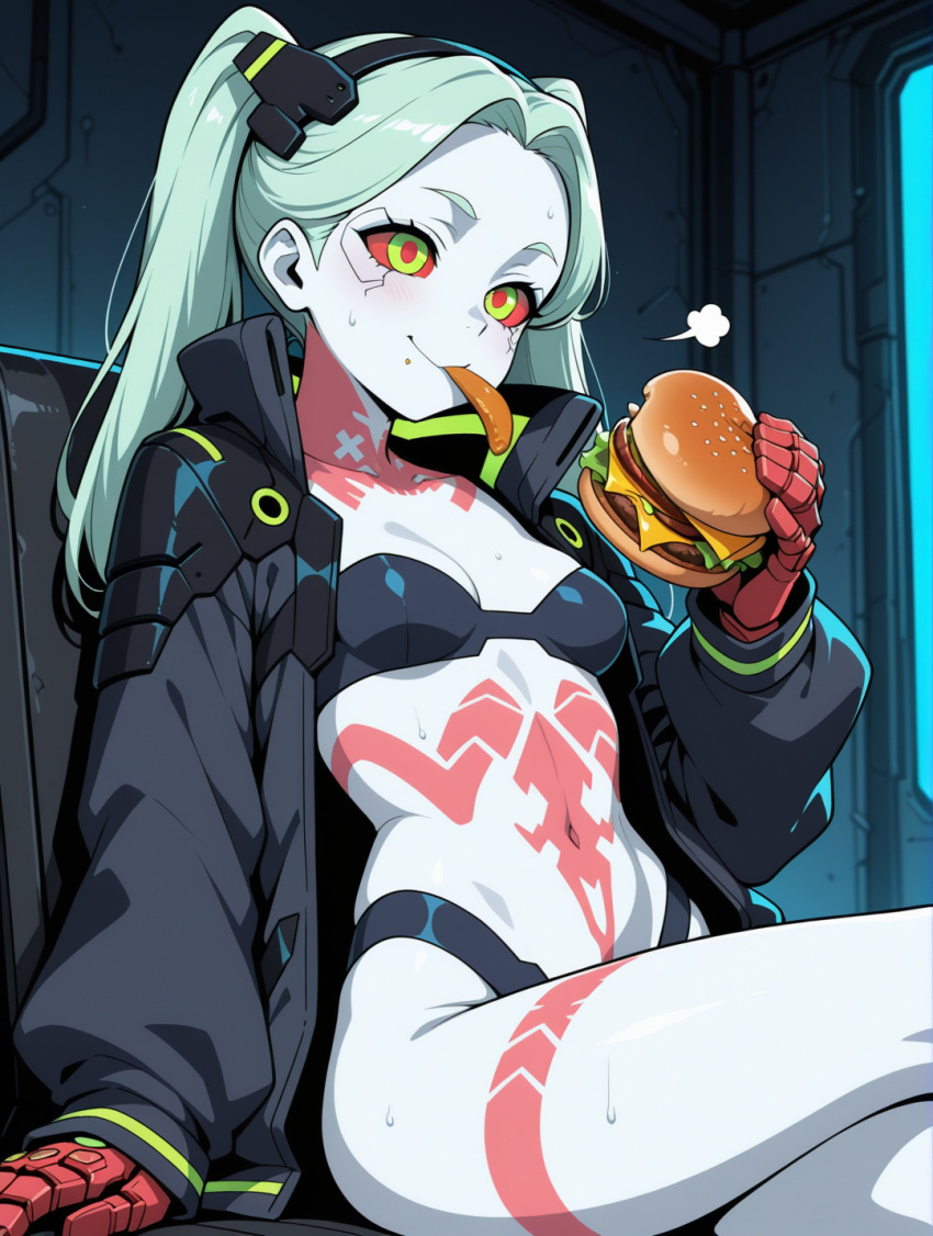 ai_generated bare_thighs bikini cyan_hair cyberpunk:_edgerunners green_pupils hamburger huge_thighs jacket ponpon rebecca_(edgerunners) red_eyes small_breasts solo_female squatting sweat sweatdrop thick_body thick_female thick_thighs thighs twin_tails voluptuous voluptuous_female white_body white_skin