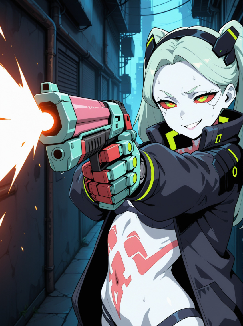 ai_generated bikini cyan_hair cyberpunk:_edgerunners green_pupils gun jacket ponpon rebecca_(edgerunners) red_eyes small_breasts solo_female squatting sweat sweatdrop thick_body thick_female twin_tails voluptuous voluptuous_female white_body white_skin