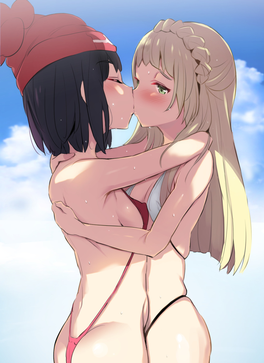 1girl 2_females 2_girls 2_humans black_hair blonde_hair duo female/female female_human female_teen hair hugging human human/human human_only kissing lillie lillie_(pokemon) long_hair moon_(pokemon) moon_(trainer) mostly_nude multiple_girls noripachi outside pokemon pokemon_(game) pokemon_sm side_view sideboob sling_bikini slingshot_bikini standing swimsuit teen yuri