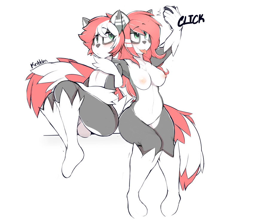 1girl 2016 anthro blush breasts canine duo english_text fur furry green_eyes grey_fur hair hybrid kribbles male mammal nipples nude penis phone raccoon red_hair rikki selfpic signature simple_background smile square_crossover testicles text tongue tongue_out white_background white_fur wolf