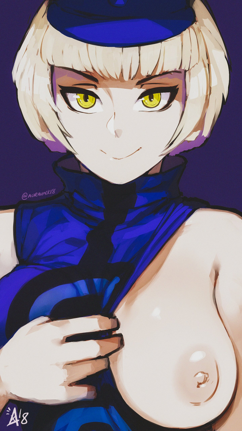 1girl 1girl 1girl areola aurahack bangs bare_shoulders big_breasts breast_slip breasts clothing_aside elizabeth_(persona) exhibitionism eyebrows eyeliner hat high_collar high_resolution looking_at_viewer makeup nipples no_bra one_breast_out_of_clothes pale_skin persona persona_3 purple_background short_hair smile twitter_username very_high_resolution white_hair yellow_eyes