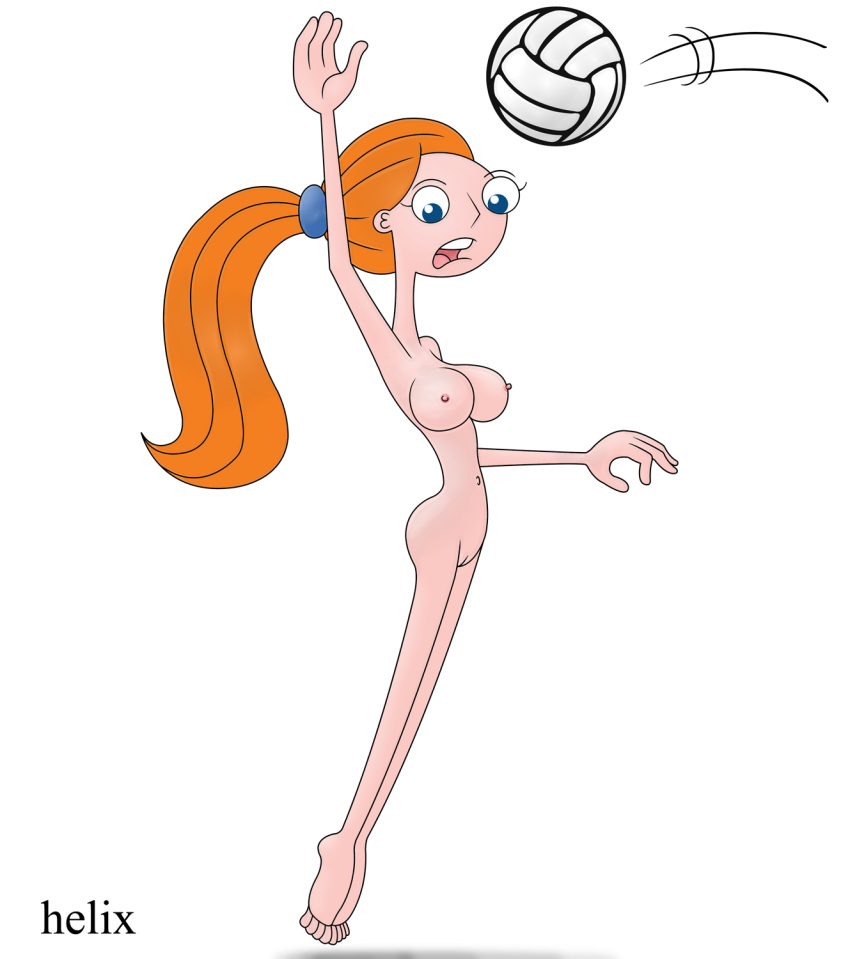 1girl ass ball big_breasts blue_eyes candace_flynn disney disney_channel eyebrows eyelashes feet female_only helix jumping looking_at_viewer naked_female nipples nude nude_female open_eyes open_mouth orange_hair phineas_and_ferb pussy toes white_background