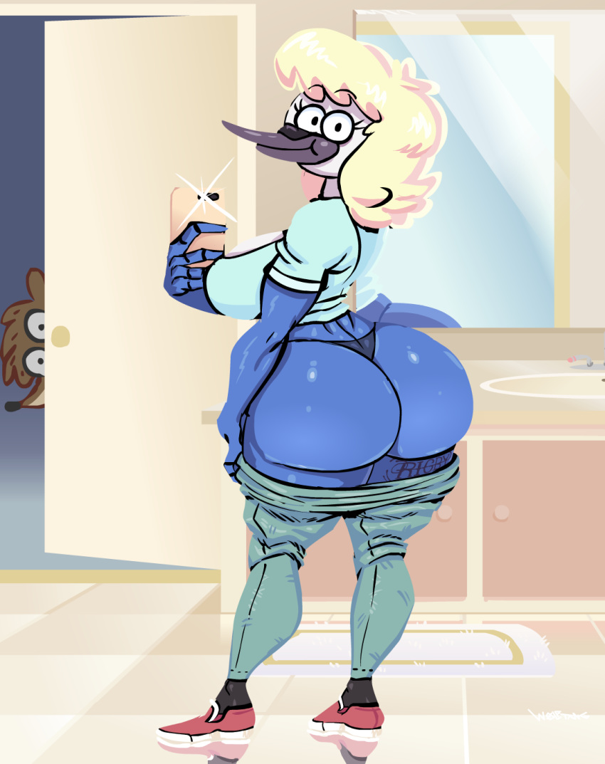 1girl anthro ass avian bathroom being_watched big_ass blonde_hair cartoon_network cellphone clothing duo furry hair high_res huge_ass looking_at_viewer milf mordecai's_mom parent phone regular_show rigby_(regular_show) selfpic solo_focus tattoo wolftang