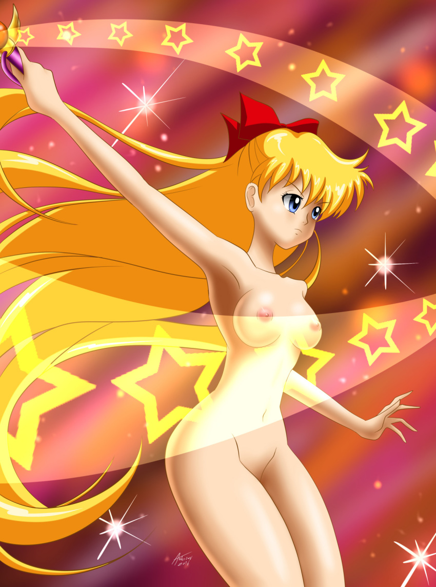 1girl aino_minako andersonicth armpit bishoujo_senshi_sailor_moon blonde blonde_hair blue_eyes breasts female female_only hair_bow henshin long_blonde_hair long_hair minako_aino nude raised_arm sailor_moon sailor_venus solo