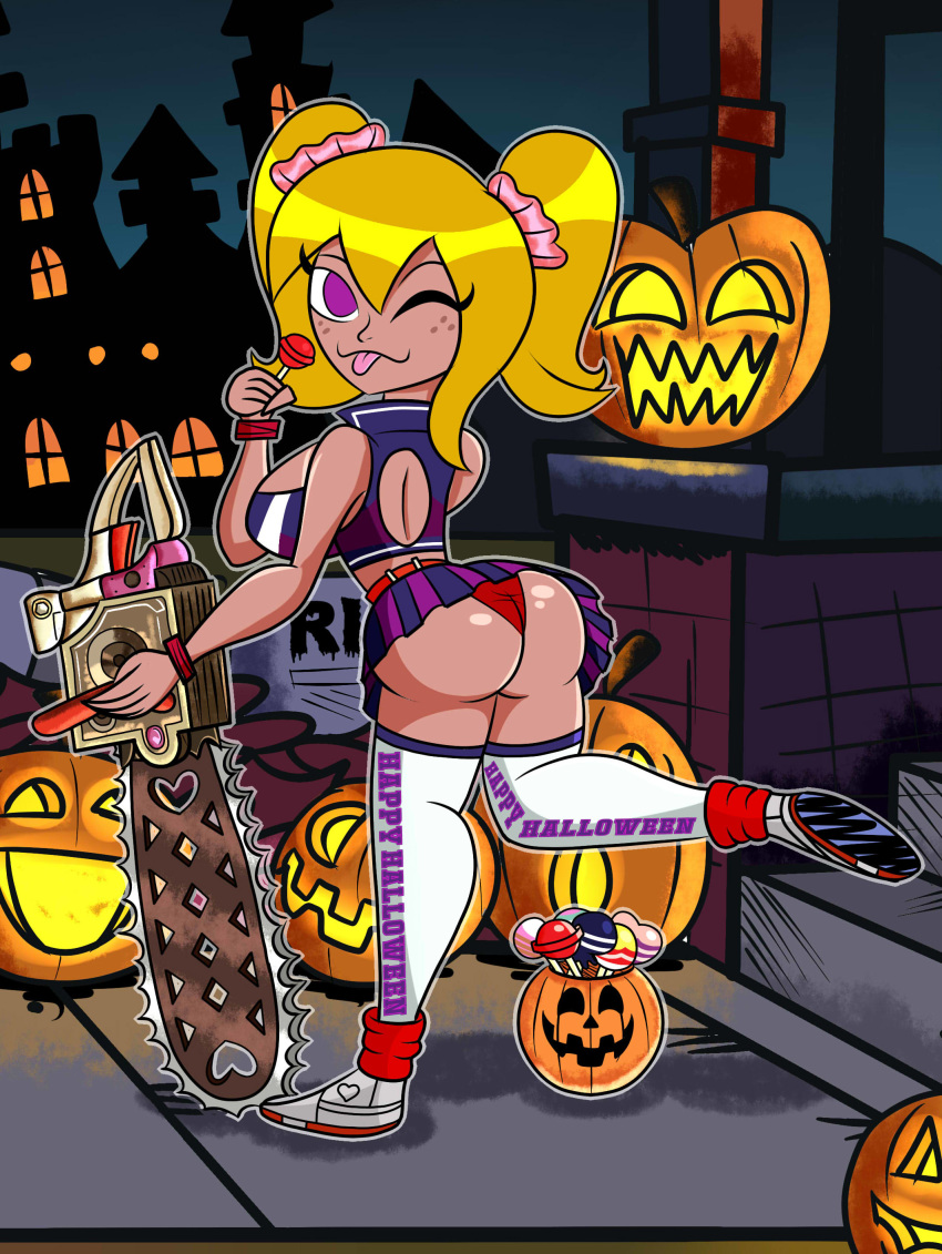 1girl alien ben_10 ben_10:_omniverse candy chainsaw cosplay freckles halloween juliet_starling lollipop lollipop_chainsaw lucy_mann purple_eyes roco340 twin_tails