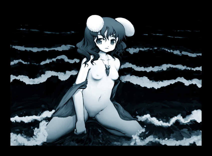 animal_ears bad_id bunny_ears female inaba_tewi kneeling kyuu monochrome nude short_hair solo tewi_inaba touhou water waves