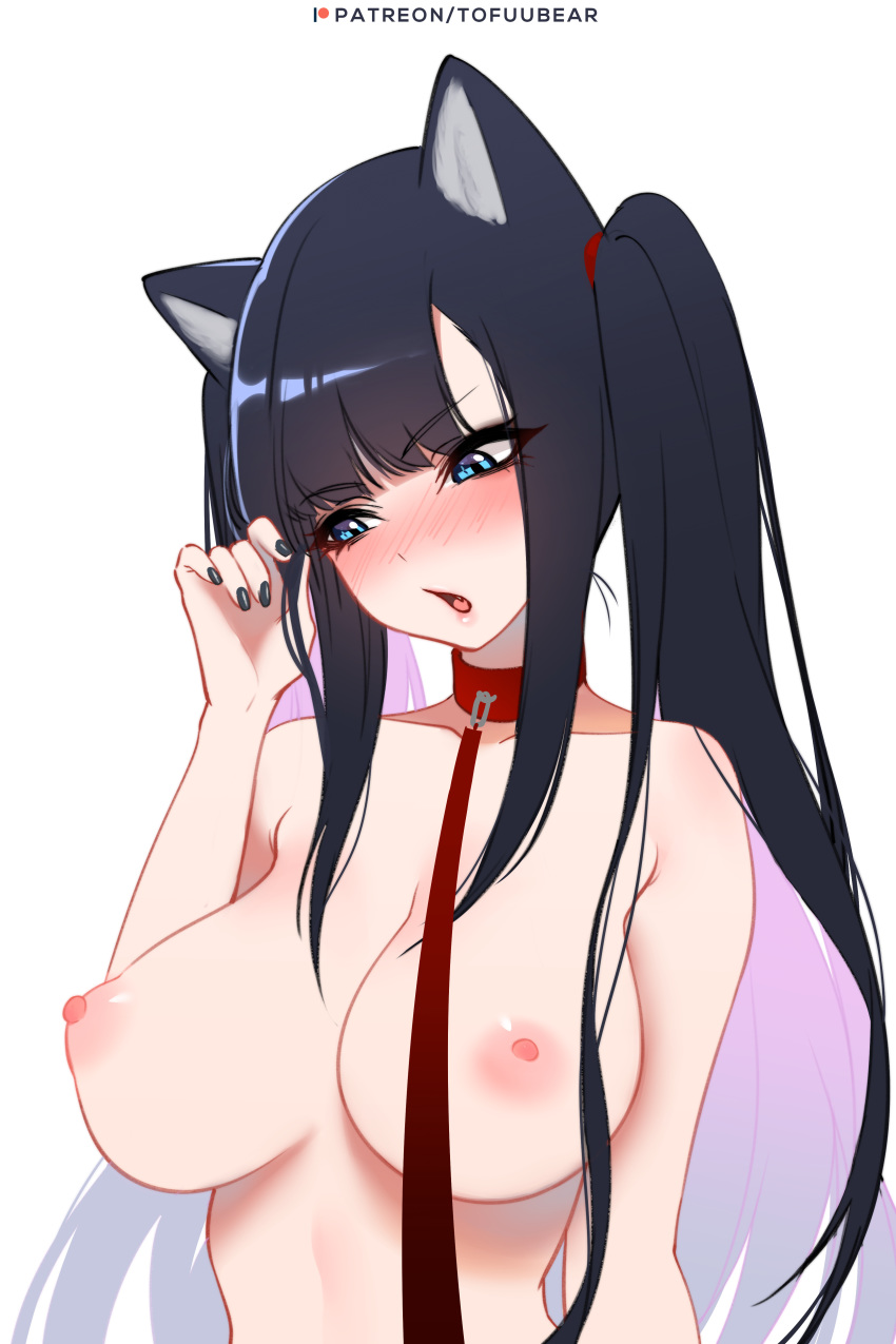 1girl 1girl 1girl animal_ears bangs big_breasts black_hair blue_eyes blunt_bangs blush breasts collar eyebrows_visible_through_hair fang hair_twirling high_resolution leash long_hair looking_away nail_polish nipples original patreon_username reiko_(tofuubear) sidelocks simple_background tied_hair tofuubear topless twin_tails upper_body very_high_resolution white_background