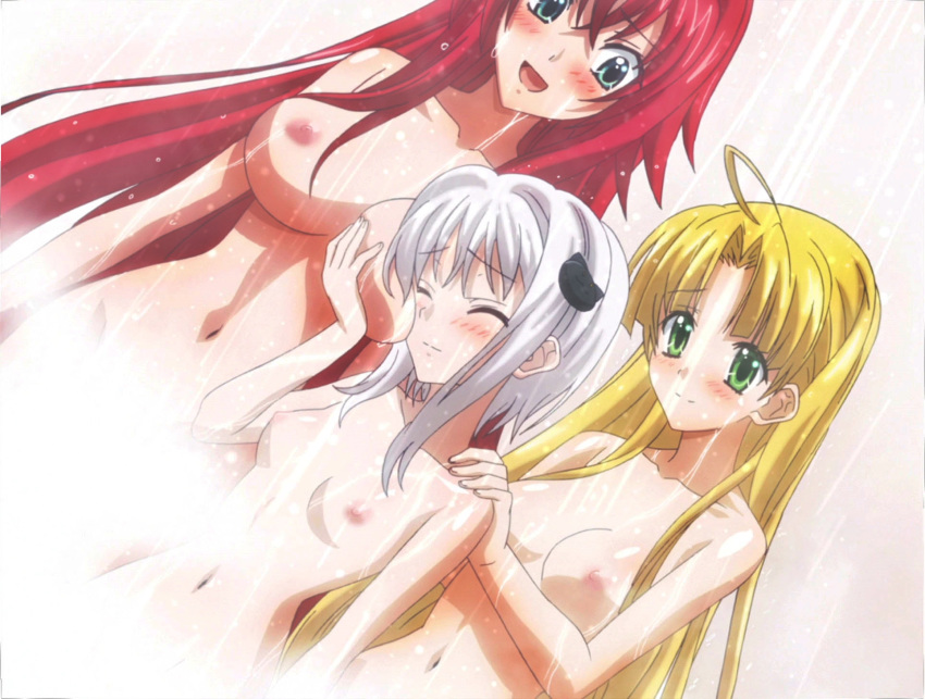 1girl 3_girls asia_argento bath big_breasts blonde blush breast_grab breasts cat_hair_ornament closed_eyes completely_nude female_only green_eyes groping hair_ornament high_resolution high_school_dxd long_hair medium_breasts multiple_girls navel nipples nude red_hair rias_gremory short_hair shower small_breasts toujou_koneko very_long_hair water white_hair yuri yuri_haven