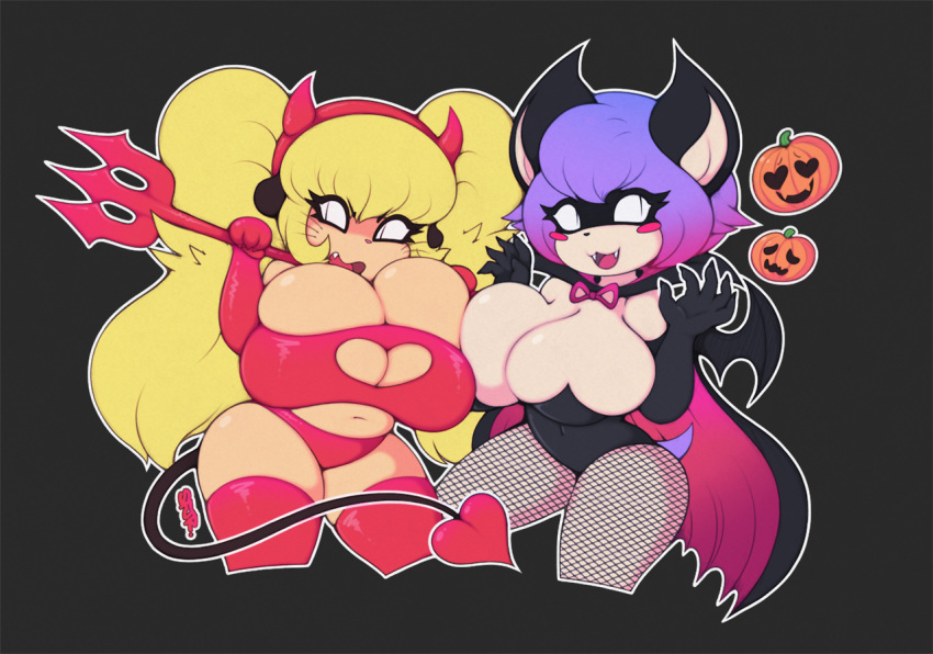 2_girls bat_wings breasts cosplay devil devil_costume enormous_breasts huge_breasts large_breasts multiple_girls scifijackrabbit shortstack smutbunny tiffy_cheesecake vampire