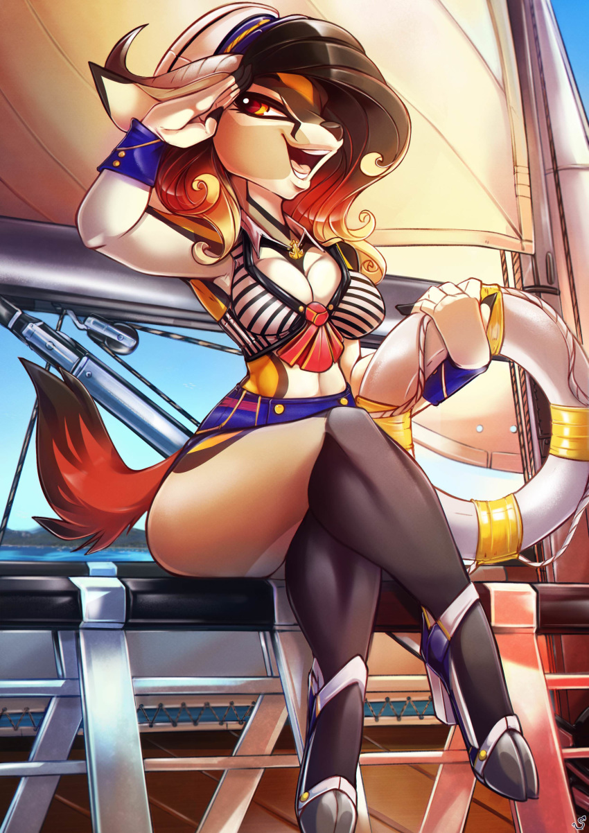 antelope anthro boat breasts cleavage clothed clothing furry gazelle mammal navy pinup pose salute spirale vehicle wide_hips zahra_(airheart)