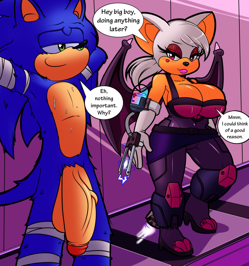 1girl anthro bat big_breasts big_penis breasts dreamcastzx1 female furry hedgehog hithog huge_breasts huge_penis male male/female mammal penis ponytail rouge_the_bat sega sonic_the_hedgehog tight_outfit