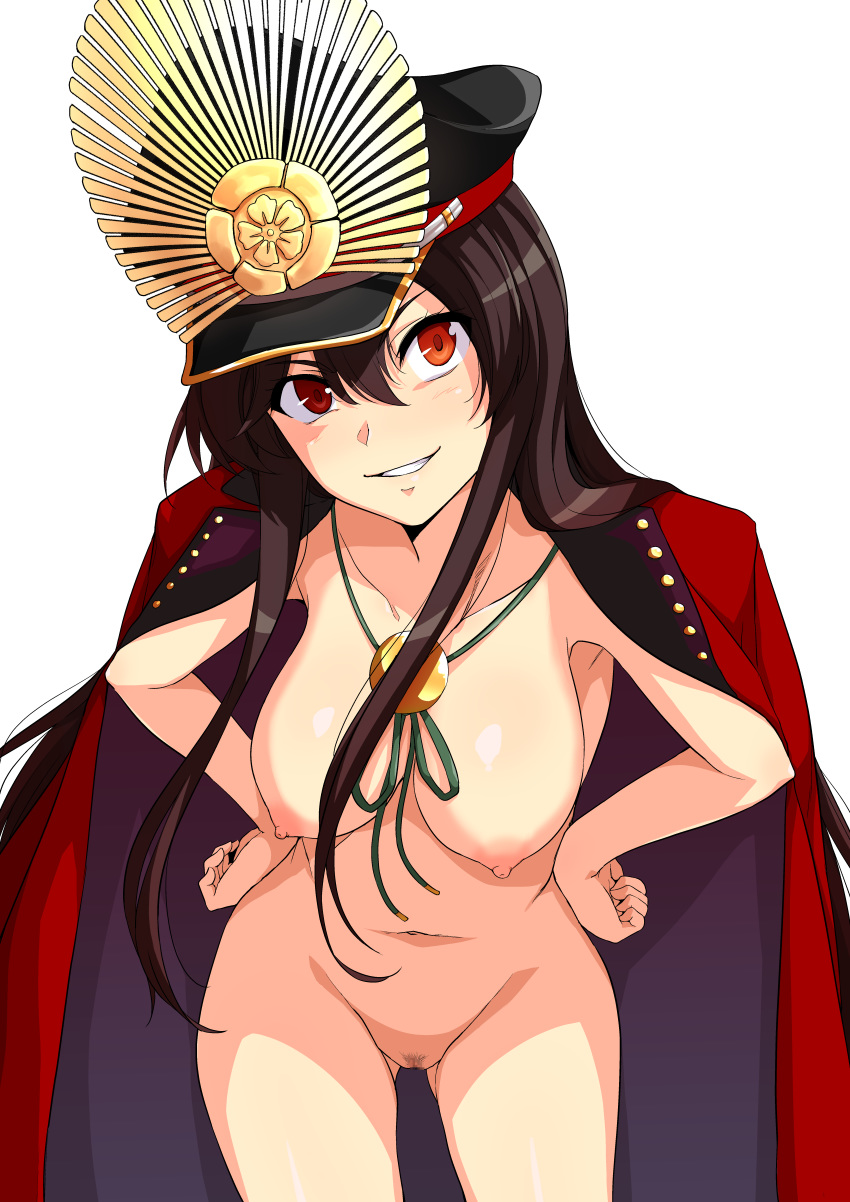 1girl 1girl 1girl big_breasts black_hair breasts cowboy_shot erect_nipples fate/grand_order fate_(series) grin hands_on_hips haruhisky hat high_resolution leaning_forward long_hair looking_at_viewer navel nipples nude oda_nobunaga_(fate) oda_nobunaga_(swimsuit_berserker) parted_lips peaked_cap red_eyes shiny shiny_skin simple_background smile very_high_resolution white_background