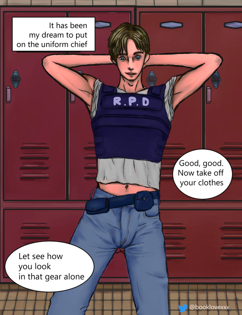 1boy 1girl bed big_penis jeans leon_kennedy leon_s_kennedy leon_scott_kennedy male_focus male_only men_nude penis pillow police police_uniform resident_evil_2 resident_evil_2_remake yaoi