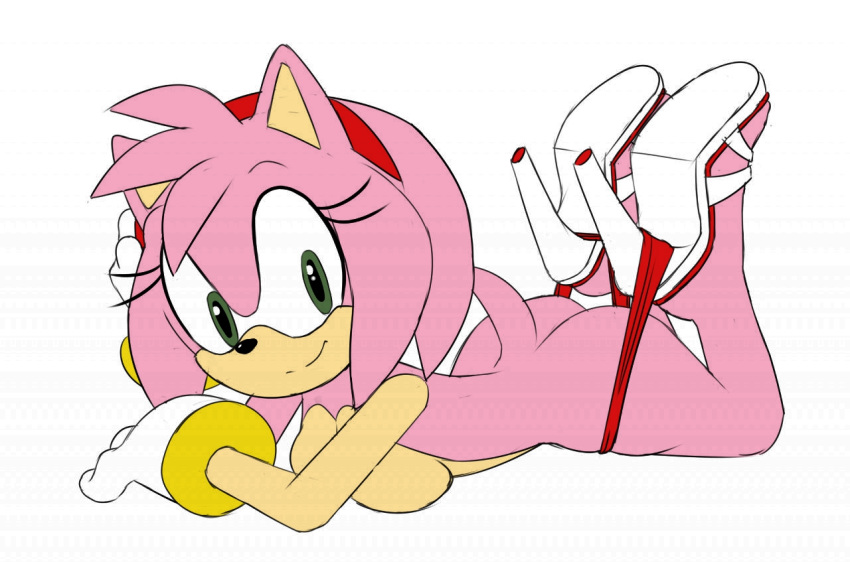 1girl amy_rose ass bracelet eyelashes gloves green_eyes hairband hedgehog high_heels legs_up looking_at_viewer on_front panty_pull ravnic sega seth65 sideboob smile tease