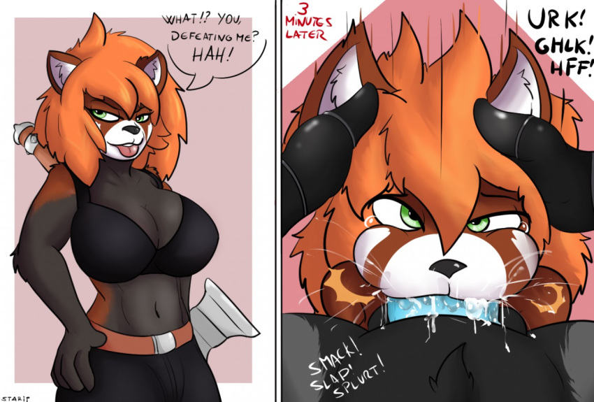 1girl anthro big_breasts breasts cum cum_in_mouth cum_inside deepthroat dialogue fellatio forced forced_oral furry green_eyes hair instant_loss_2koma male male/female mammal oral orange_hair penis red_panda sex starit