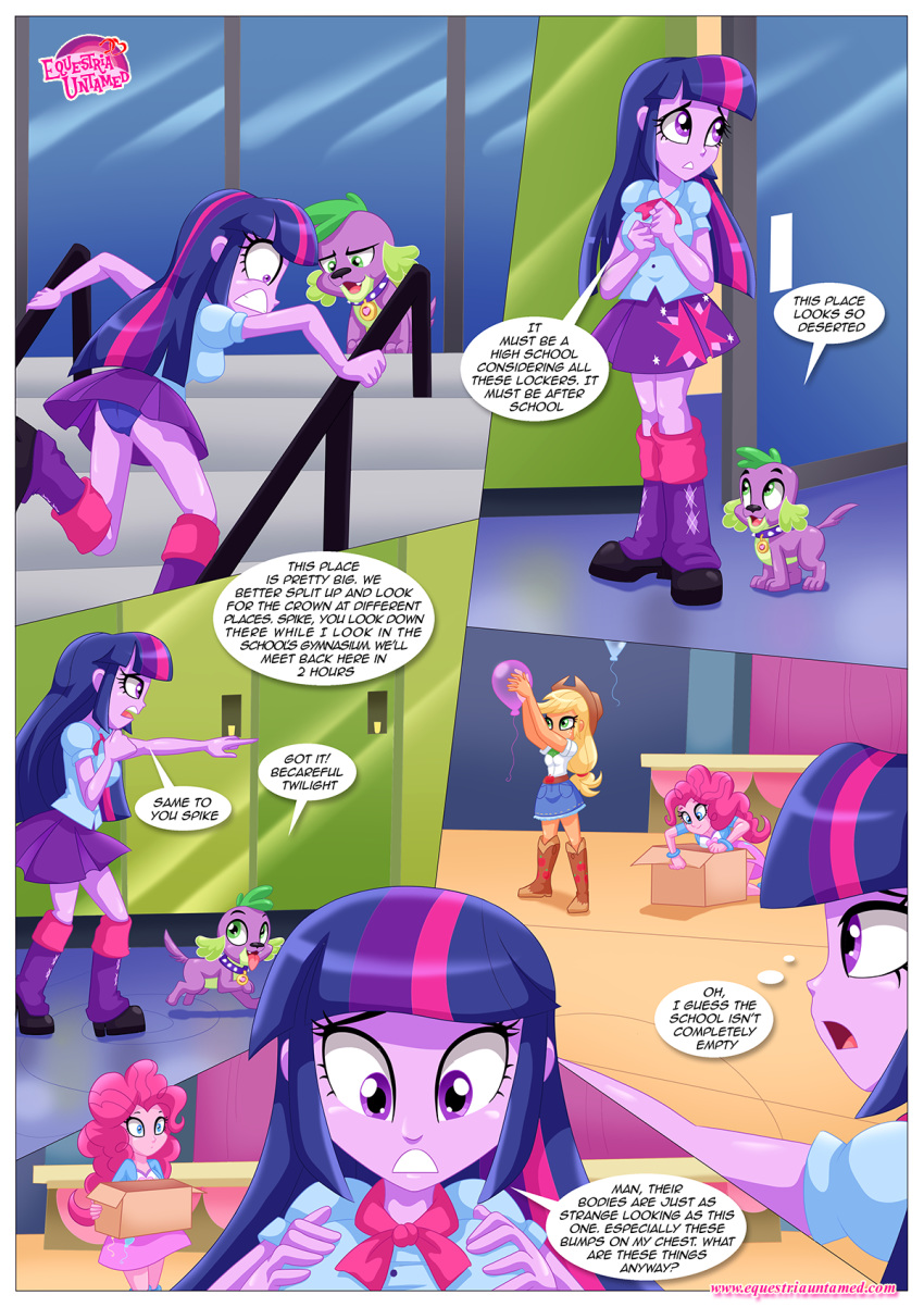 2017 applejack applejack_(mlp) bbmbbf clothed comic equestria_girls equestria_untamed friendship_is_magic human humanized my_little_pony palcomix panties pinkie_pie pinkie_pie_(mlp) sexquestria_girls skirt spike spike_(mlp) text twilight_sparkle twilight_sparkle_(mlp)