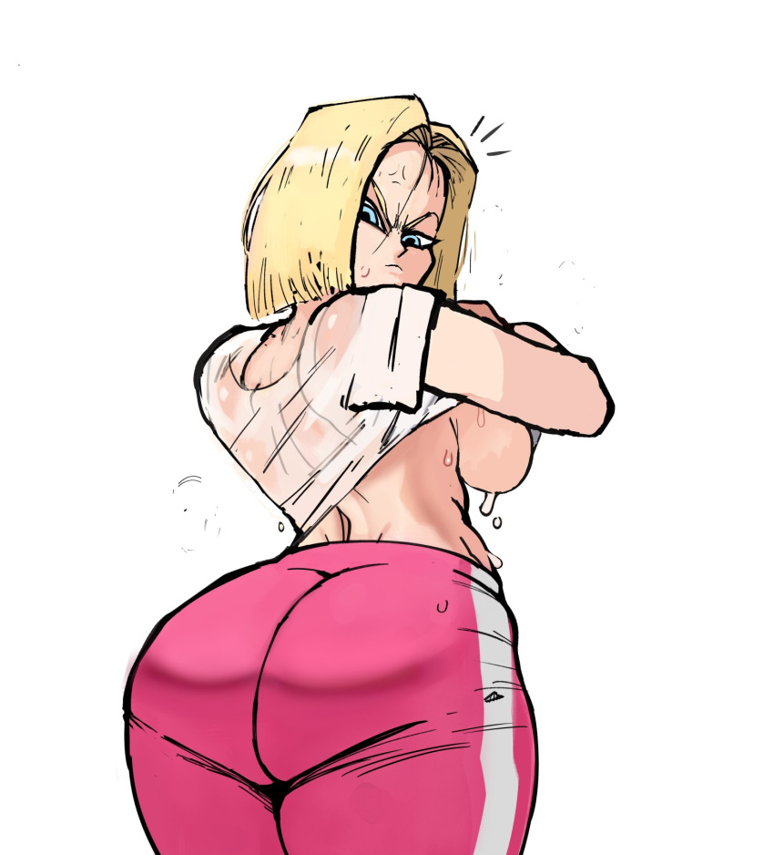 1girl android android_18 angry big_breasts blonde_hair blue_eyes bob_cut dragon_ball dragon_ball_super dragon_ball_z embo looking_at_viewer looking_back short_hair solo_focus sweatpants undressing wet wet_clothes