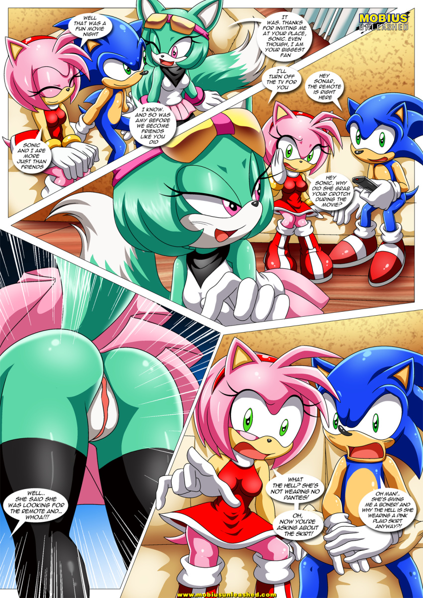 1boy 2017 2girls amy_rose archie_comics ass bbmbbf comic female male mobius_unleashed more_than_just_a_movie_night palcomix presenting pussy sega sonar_the_fennec sonic_(series) sonic_the_hedgehog sonic_the_hedgehog_(series) upskirt