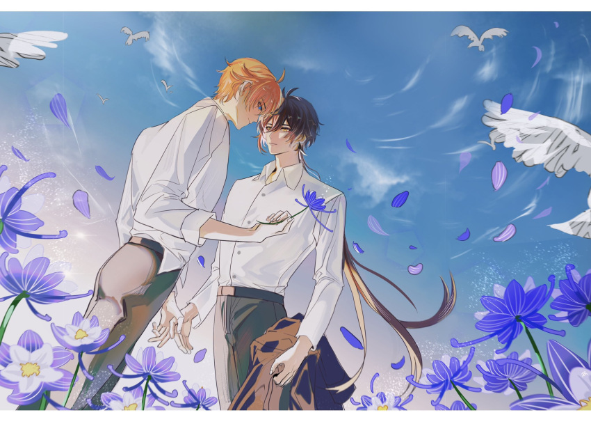 2boys ahoge blue_eyes brown_hair casual collared_shirt contemporary couple feet_out_of_frame field flower flower_field forehead-to-forehead from_below genshin_impact gradient_hair grey_pants hair_between_eyes heads_together high_res holding holding_flower letterboxed long_hair male male_focus male_only multicolored_hair multiple_boys pants ponytail shirt short_hair sky tartaglia_(genshin_impact) white_border white_shirt wind yaoi yellow_eyes youliangzhi zhongli_(genshin_impact)