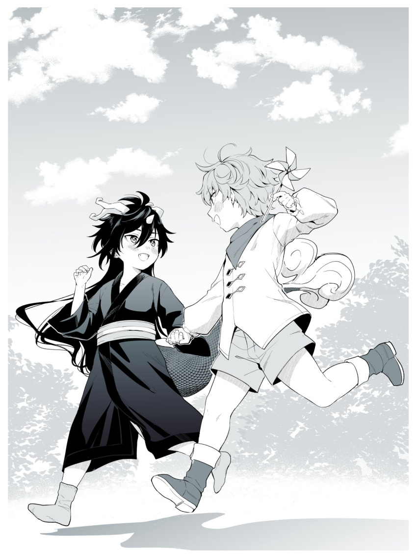 2boys aged_down blush boots cloud dragon_boy dragon_horns dragon_humanoid dragon_tail fangs genshin_impact greyscale hair_between_eyes high_res holding holding_hands holding_pinwheel horns humanoid long_hair male male_focus male_only moboj13 monochrome multiple_boys open_mouth outside pinwheel shorts sky tail tartaglia_(genshin_impact) wholesome wide_sleeves young zhongli_(genshin_impact)