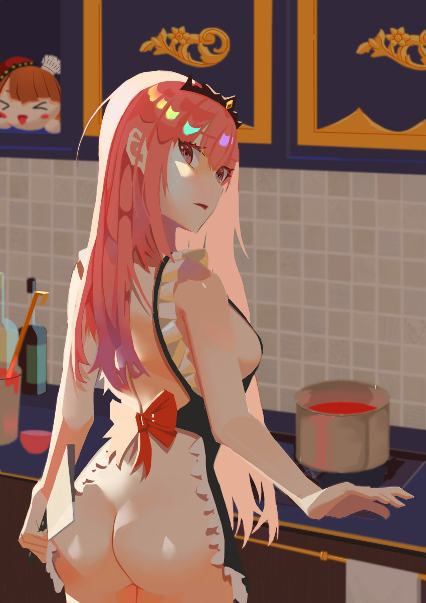 apron ass bow breasts cabinet cleaver cooking hadaka_apron high_resolution hololive hololive_english kitchen long_hair looking_at_viewer looking_back mori_calliope mori_calliope_ch. naked_apron nesoberi parted_lips pink_hair pot su_(artist) takanashi_kiara takanashi_kiara_ch. tiara user_mptu7837 very_high_resolution virtual_youtuber