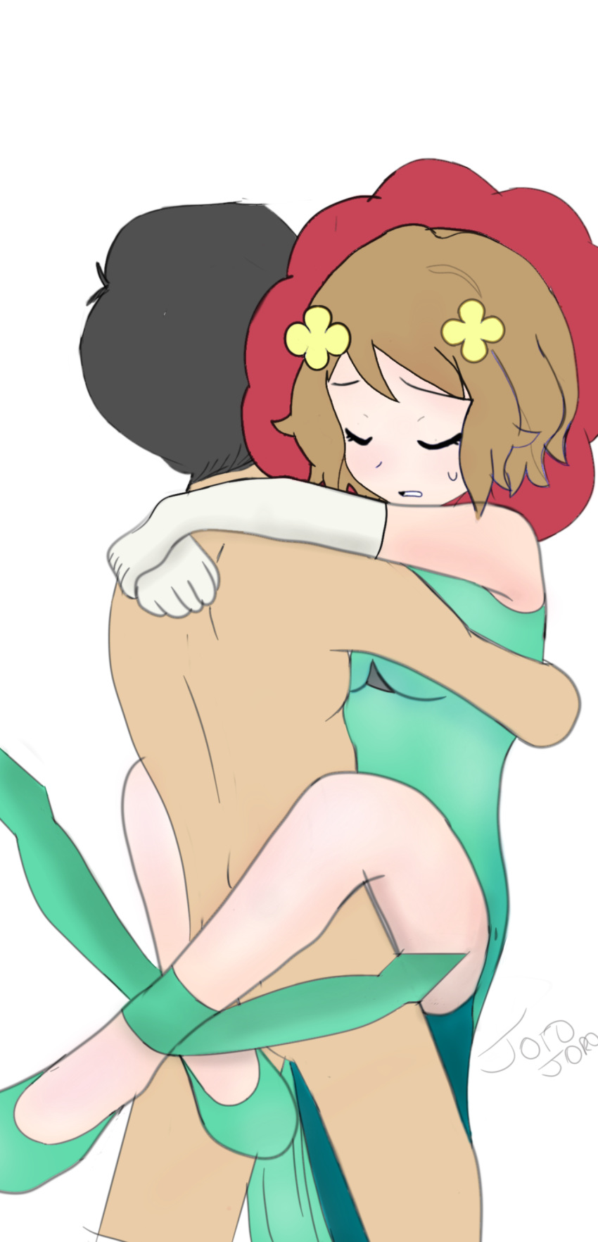 1boy 1girl bare_shoulders closed_eyes clothed_female_nude_male cosplay creatures_(company) dress female female_human female_pokemon florges florges_(cosplay) flower game_freak gen_6_pokemon gloves green_eyes hourglass_figure human human/human implied_sex jorojoro leg_lock male male/female male_human nintendo pokemon pokemon_(anime) pokemon_(creature) pokemon_(game) pokemon_(species) pokemon_x_&_y pokemon_xy pokemon_xy_(anime) red_hair serena serena_(pokemon) short_hair sleeveless sleeveless_dress