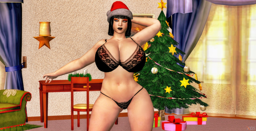 1girl 3d black_hair black_lips black_lipstick black_panties blue_eyes breasts busty character_name character_request christmas christmas_hat christmas_ornaments christmas_present christmas_tree eyebrows eyelashes eyeliner eyeshadow female female_human female_only hat human human_only large_breasts legs lingerie living_room makeup nipples original_character posing render santa_hat short_hair solo solo_female stephanie underwear underwear_only xnalara xps