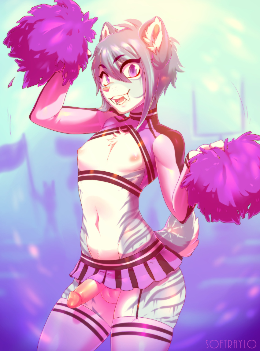 1girl 2017 absurd_res anthro cheer cheerleader clothed clothing digital_drawing_(artwork) digital_media_(artwork) enjoipandas feline fur furry garter_straps girly hair high_res ineffective_clothing inner_ear_fluff legwear looking_at_viewer male mammal miniskirt nipples no_underwear penis saber-toothed_cat skimpy skirt stockings testicles