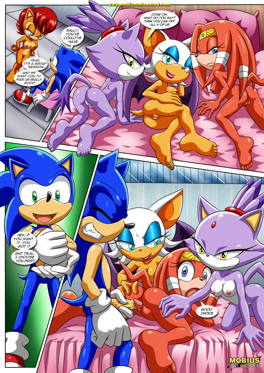 4girls archie_comics bbmbbf blaze_the_cat comic mobius_unleashed palcomix relaxation_after_a_tiring_day rouge_the_bat sally_acorn sega sonic_(series) sonic_the_hedgehog sonic_the_hedgehog_(series) tikal_the_echidna