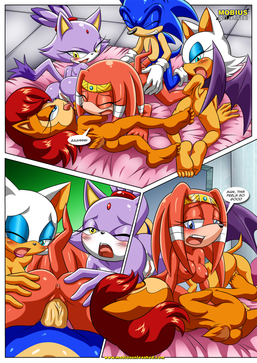 4girls archie_comics bbmbbf blaze_the_cat comic mobius_unleashed palcomix relaxation_after_a_tiring_day rouge_the_bat sally_acorn sega sonic_(series) sonic_the_hedgehog sonic_the_hedgehog_(series) tikal_the_echidna