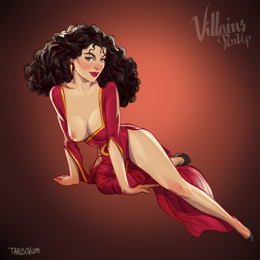 breasts clothed disney dress exposed_breasts high_heels legs mother_gothel nipple_piercing no_bra tangled tarusov_(artist)