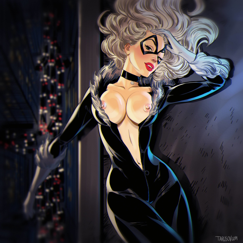 black_cat bodysuit breasts clothed domino_mask exposed_breasts felicia_hardy marvel marvel_comics spider-man_(series) tarusov_(artist) white_hair