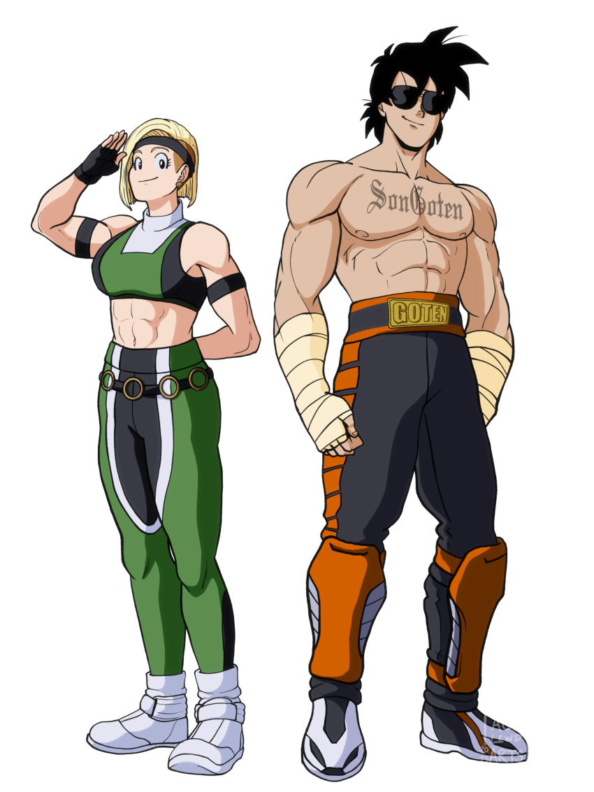 acelewdarts cosplay dragon_ball_super dragon_ball_z headband johnny_cage johnny_cage_(cosplay) marron mortal_kombat sneakers son_goten sonya_blade sonya_blade_(cosplay) sunglasses taped_fists tattoo white_background