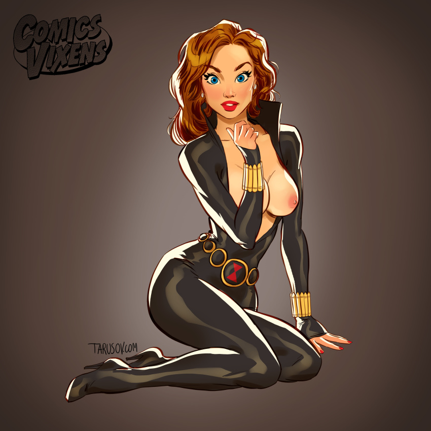 avengers black_widow bodysuit breasts clothed exposed_breasts high_heels marvel marvel_comics natasha_romanoff red_hair tarusov_(artist)