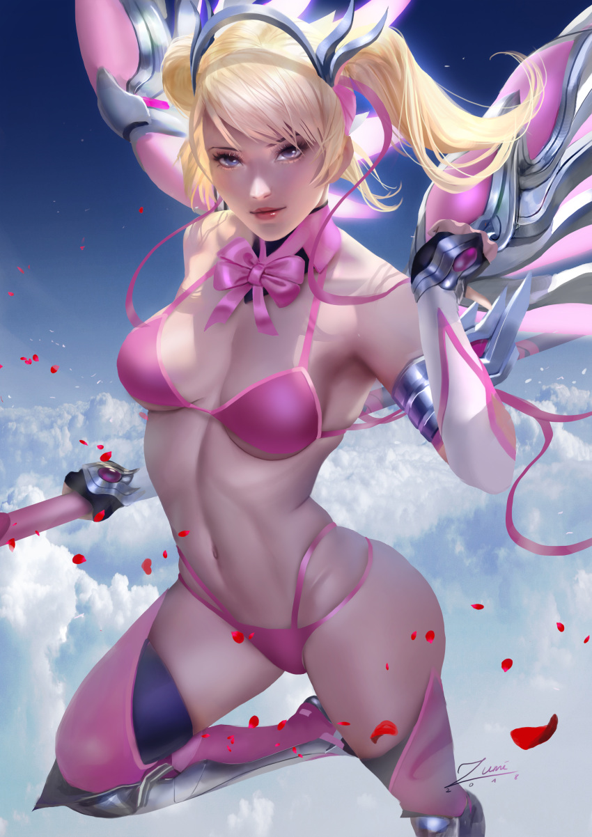 1girl activision angela_ziegler armpit bikini blizzard_entertainment blonde_hair female_only looking_at_viewer mercy_(overwatch) overwatch pink_bikini pink_mercy swimsuit wings zumi_(artist)