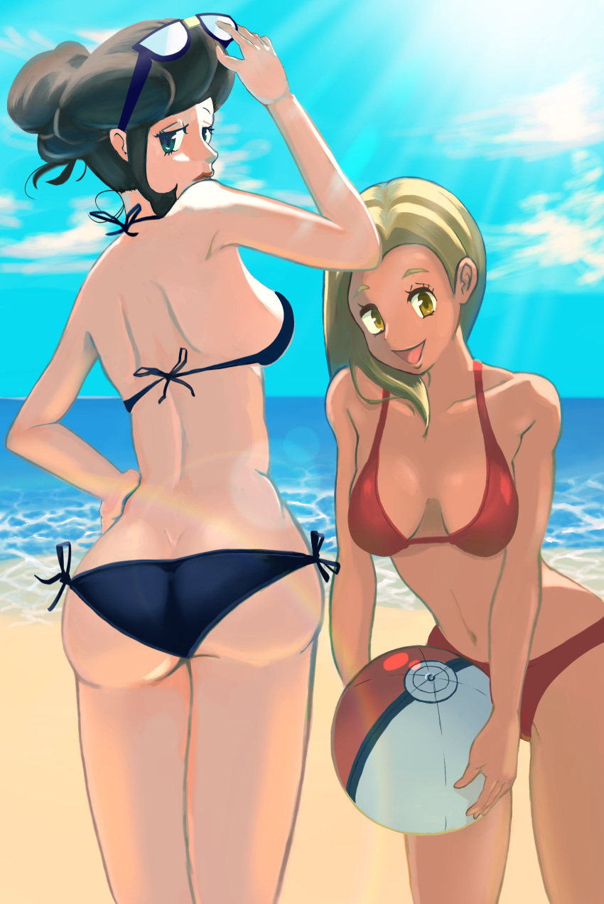 2girls absurdres aqua_eyes ass back backlighting ball bare_shoulders beach beach_ball beachball beauty_(pokemon) bikini black_hair blonde_hair blue_bikini blue_sky breasts cloud collarbone cowboy_shot day expressionless eyelashes eyewear_on_head from_behind hair_bun hand_on_hip highres horizon kurorekishiman lens_flare lipstick looking_at_viewer looking_back makeup medium_breasts multiple_girls navel ocean open_mouth parted_lips pokemon pokemon_(game) pokemon_xy rainbow red_bikini red_lips red_lipstick sideboob sidelocks sky smile stomach string_bikini sunglasses sunlight swimmer_(pokemon) swimsuit tan thighs viewed_from_behind water yellow_eyes