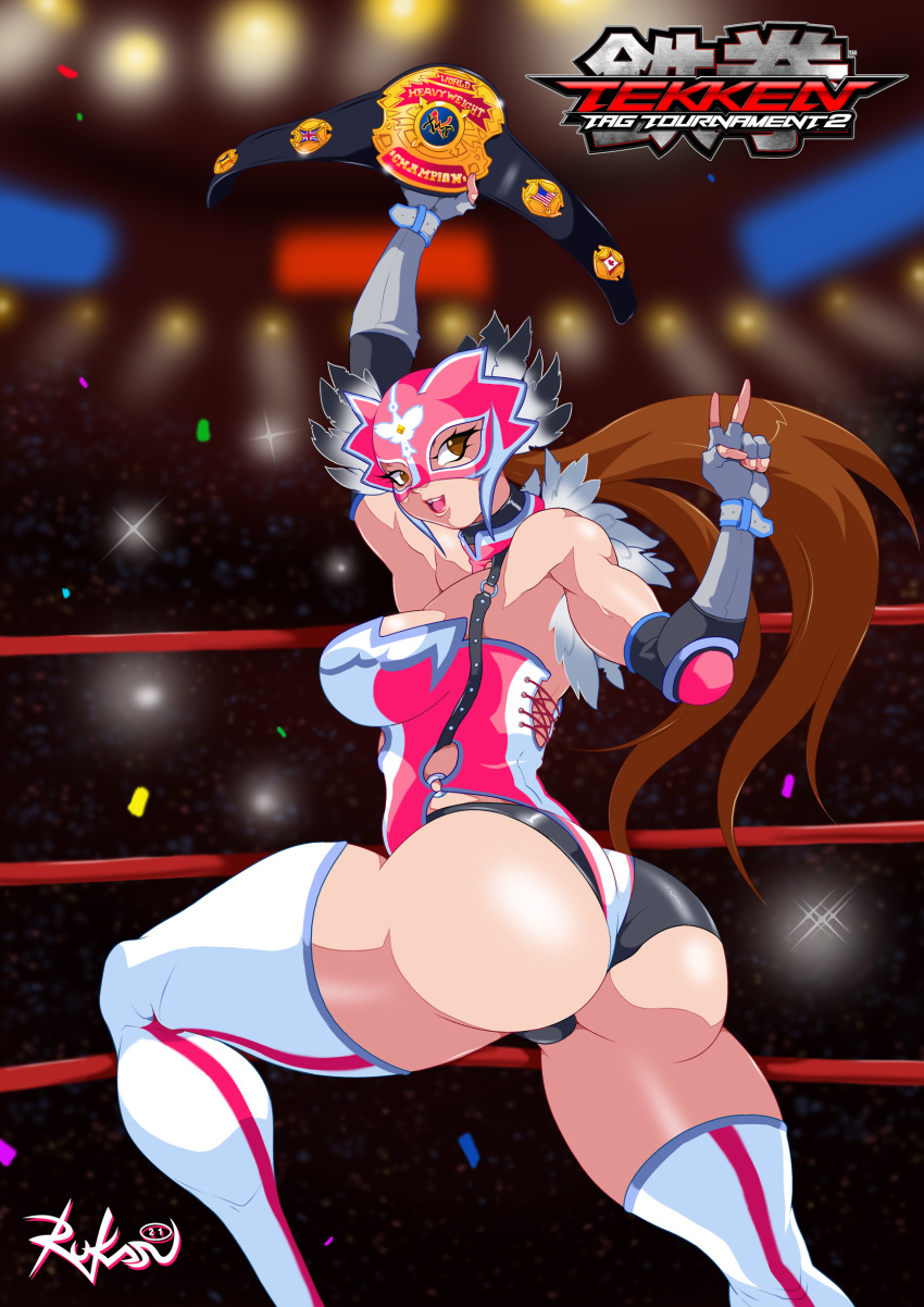 alluring ass belt big_ass black_panties brown_eyes brown_hair bubble_butt championship_belt clothed clothed_female dat_ass feathers hentai-foundry jaycee jaycee_(tekken) julia_chang legs long_hair luchador luchadora mask namco panties pose posing rukasu rukasusan tekken tekken_tag_tournament_2 thick_thighs thighs twin_tails twintails v voluptuous wrestling wrestling_outfit wrestling_ring xwf