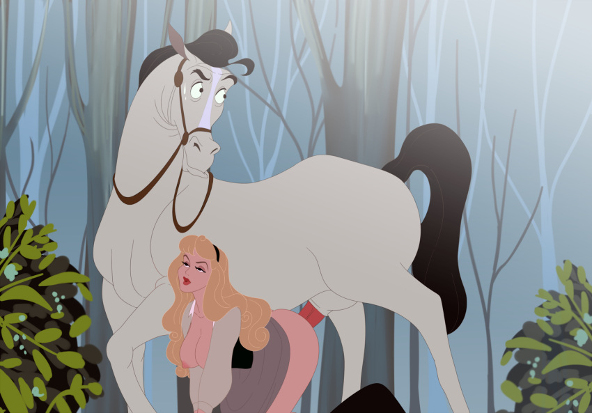 beastiality bent_over blonde_hair breasts clothed disney dress dress_lift exposed_breasts female female_human from_behind horse inusen male_horse princess_aurora samson_(sleeping_beauty) sex sleeping_beauty