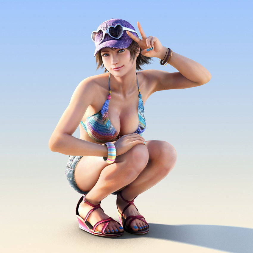 1girl alluring big_breasts bikini_top blue_nails breasts cleavage crouching feet female hat hirano_miharu legs looking_at_viewer namco photorealistic sandals short_hair short_shorts smile solo squatting sunglasses tekken tekken_4 tekken_tag_tournament_2 toenail_polish toes v