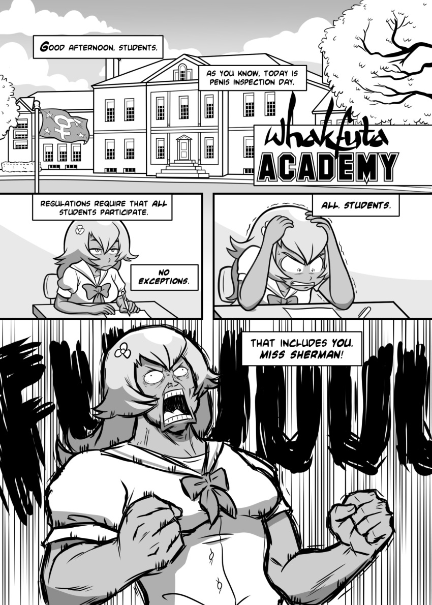 1girl 2014 amalia_sheran_sharm angry building comic desk dialogue flag futanari long_hair megasweet monochrome muscle muscular_female offscreen_character paper pencil school school_uniform shouting tree wakfu whakfuta_academy