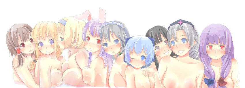 6+girls alice_margatroid animal_ears black_hair blonde_hair blue_eyes blue_hair blush breast_press breasts brown_eyes bunny_ears cirno eirin_yagokoro female hakurei_reimu highres houraisan_kaguya huge_breasts izayoi_sakuya kaguya_houraisan kirisame_marisa long_hair long_image marisa_kirisame multiple_girls nanako_(artist) nude patchouli_knowledge purple_hair red_eyes reimu_hakurei reisen_udongein_inaba sakuya_izayoi short_hair symmetrical_docking tongue touhou wide_image yagokoro_eirin yuri