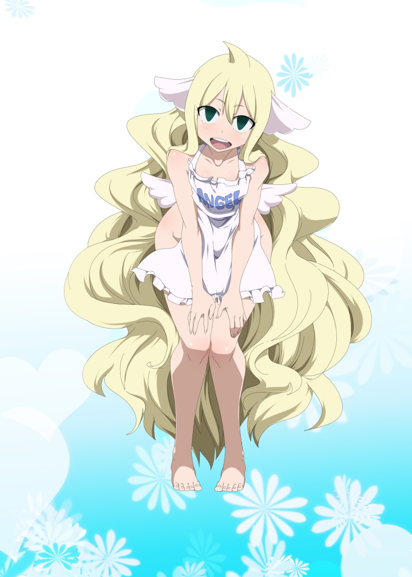 1girl apron arms bangs bare_feet bare_shoulders barefeet barefoot blond blond_hair blonde blonde_hair cute fairy_tail feet female female_only fingernails fingers flower green_eyes hands hands_on_thighs hips hot knees legs long_hair looking_at_viewer mavis_vermilion mavis_vermillion mouth_open naked_apron open_mouth sexy shoulders smile solo solo_female solo_focus tagme thighs toenails toes very_long_hair wavy_hair wings