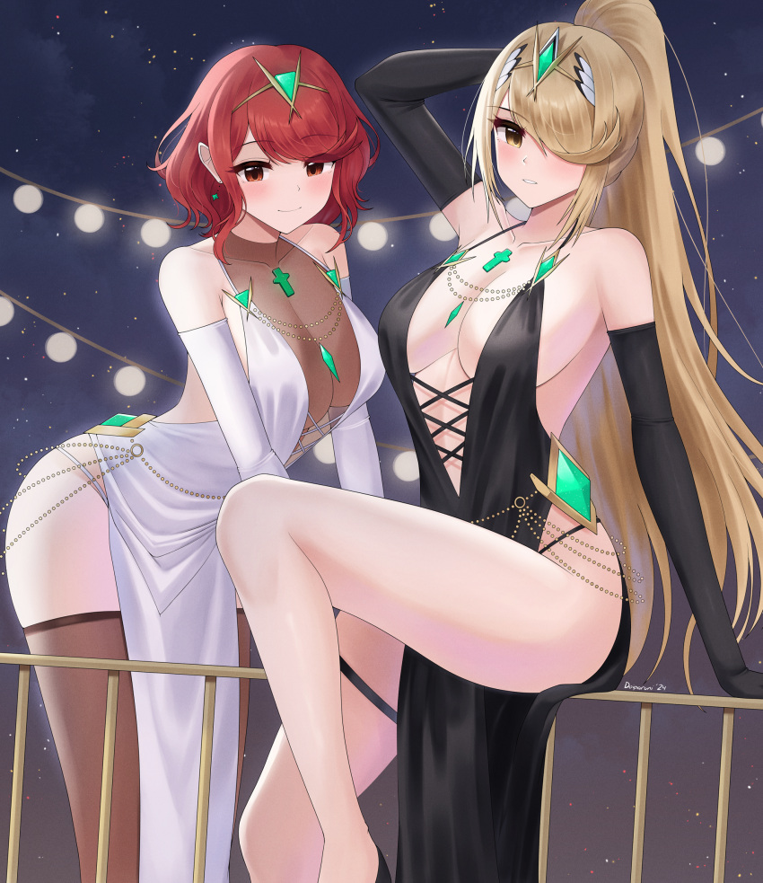 2girls alluring big_breasts black_dress black_gloves blonde_hair doiparuni dress earrings elbow_gloves gloves hair_over_one_eye high_res jewelry looking_at_viewer mythra nintendo pyra red_eyes red_hair smile swept_bangs tiara white_dress white_gloves xenoblade_(series) xenoblade_chronicles_2 yellow_eyes