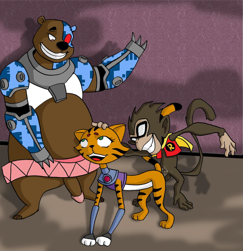 anthro black_hole_sun cat_starfire cybear cyborg dc_comics monkey_robin robin starfire teen_titans threesome